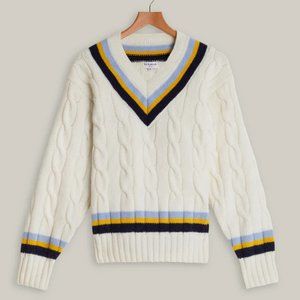 N. E. Blake Lambswool Cricket Sweater/Jumper (White with Blue and Yellow bands)